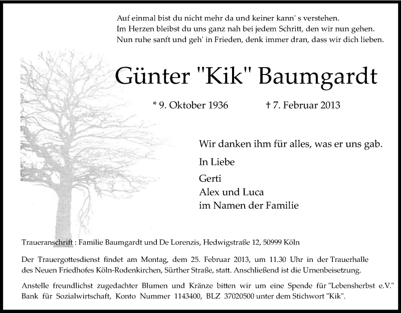  Traueranzeige für Günter Baumgardt vom 16.02.2013 aus Kölner Stadt-Anzeiger / Kölnische Rundschau / Express