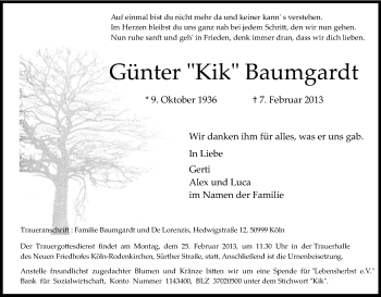 Anzeige von Günter Baumgardt von Kölner Stadt-Anzeiger / Kölnische Rundschau / Express