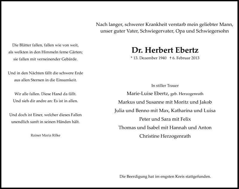  Traueranzeige für Herbert Ebertz vom 16.02.2013 aus Kölner Stadt-Anzeiger / Kölnische Rundschau / Express