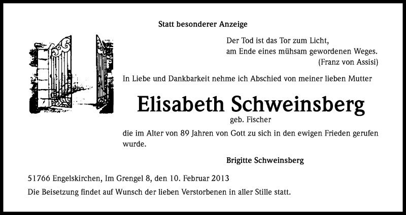  Traueranzeige für Elisabeth Schweinsberg vom 14.02.2013 aus Kölner Stadt-Anzeiger / Kölnische Rundschau / Express