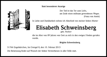 Anzeige von Elisabeth Schweinsberg von Kölner Stadt-Anzeiger / Kölnische Rundschau / Express