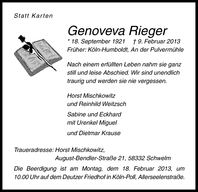  Traueranzeige für Genoveva Rieger vom 14.02.2013 aus Kölner Stadt-Anzeiger / Kölnische Rundschau / Express