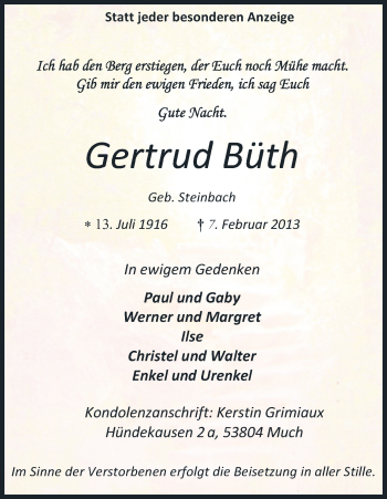Anzeige von Gertrud Büth von Kölner Stadt-Anzeiger / Kölnische Rundschau / Express