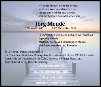 Anzeige von Jörg Mende von Kölner Stadt-Anzeiger / Kölnische Rundschau / Express