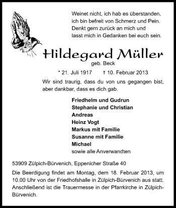 Anzeige von Hildegard Müller von Kölner Stadt-Anzeiger / Kölnische Rundschau / Express