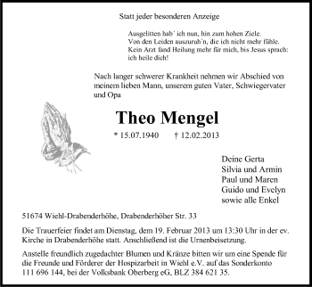 Anzeige von Theo Mengel von Kölner Stadt-Anzeiger / Kölnische Rundschau / Express