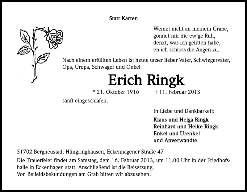  Traueranzeige für Erich Ringk vom 14.02.2013 aus Kölner Stadt-Anzeiger / Kölnische Rundschau / Express