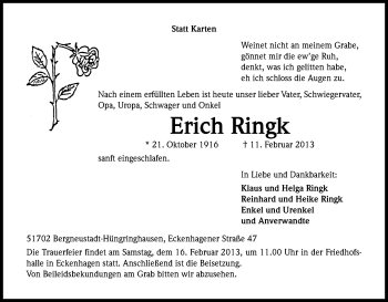 Anzeige von Erich Ringk von Kölner Stadt-Anzeiger / Kölnische Rundschau / Express
