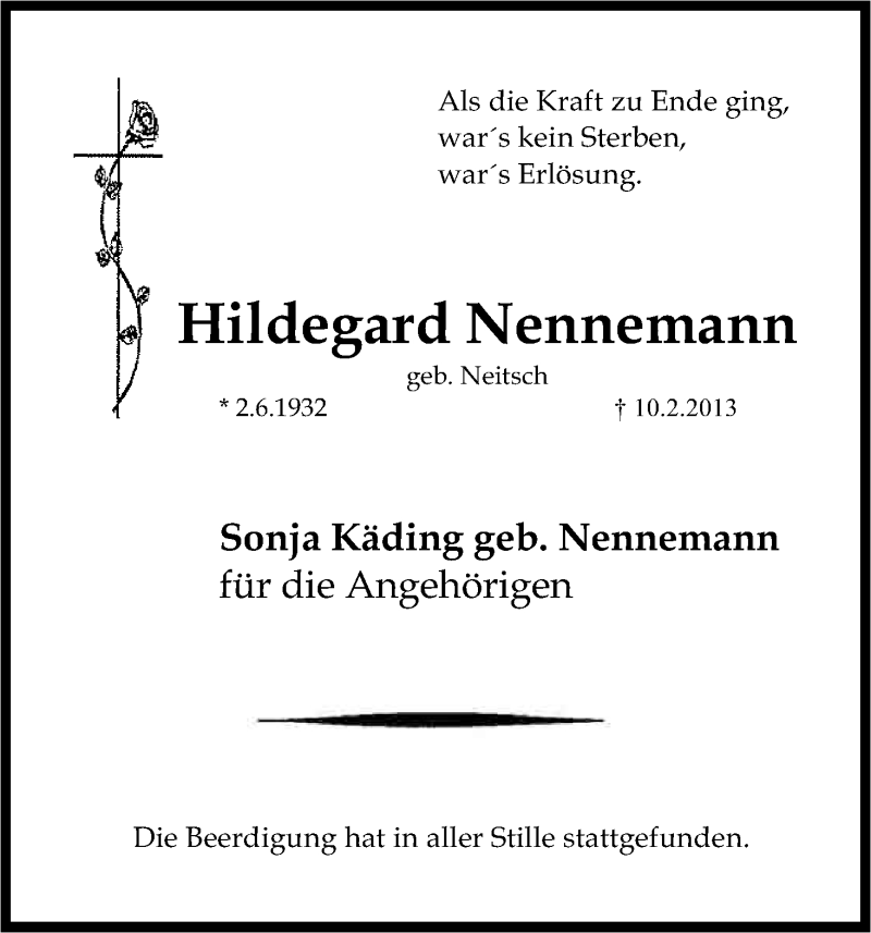  Traueranzeige für Hildegard Nennemann vom 20.02.2013 aus Kölner Stadt-Anzeiger / Kölnische Rundschau / Express
