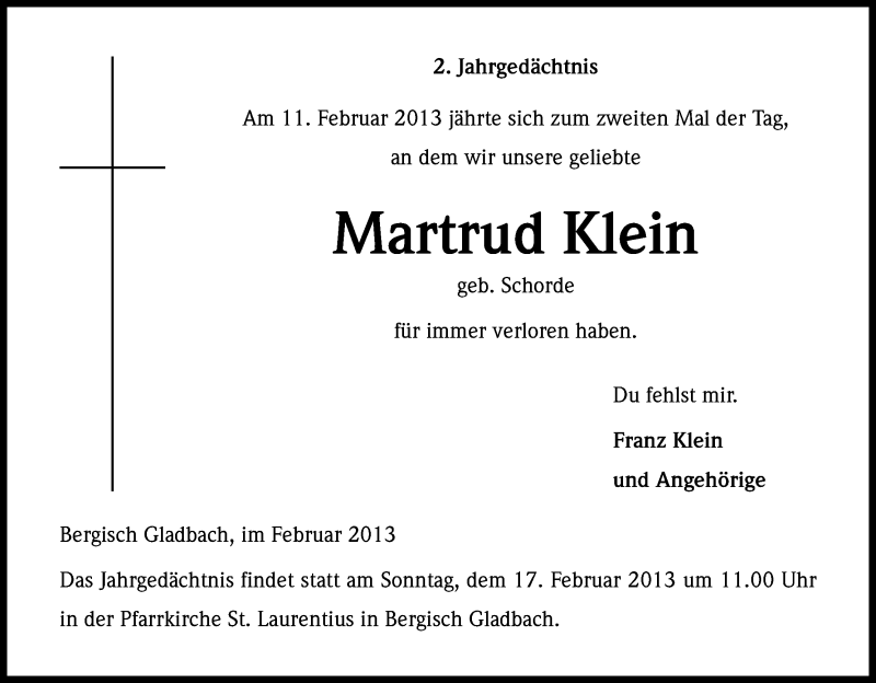  Traueranzeige für Martrud Klein vom 15.02.2013 aus Kölner Stadt-Anzeiger / Kölnische Rundschau / Express
