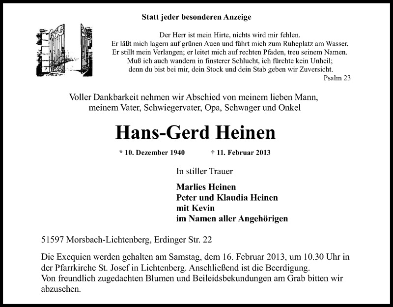  Traueranzeige für Hans-Gerd Heinen vom 14.02.2013 aus Kölner Stadt-Anzeiger / Kölnische Rundschau / Express
