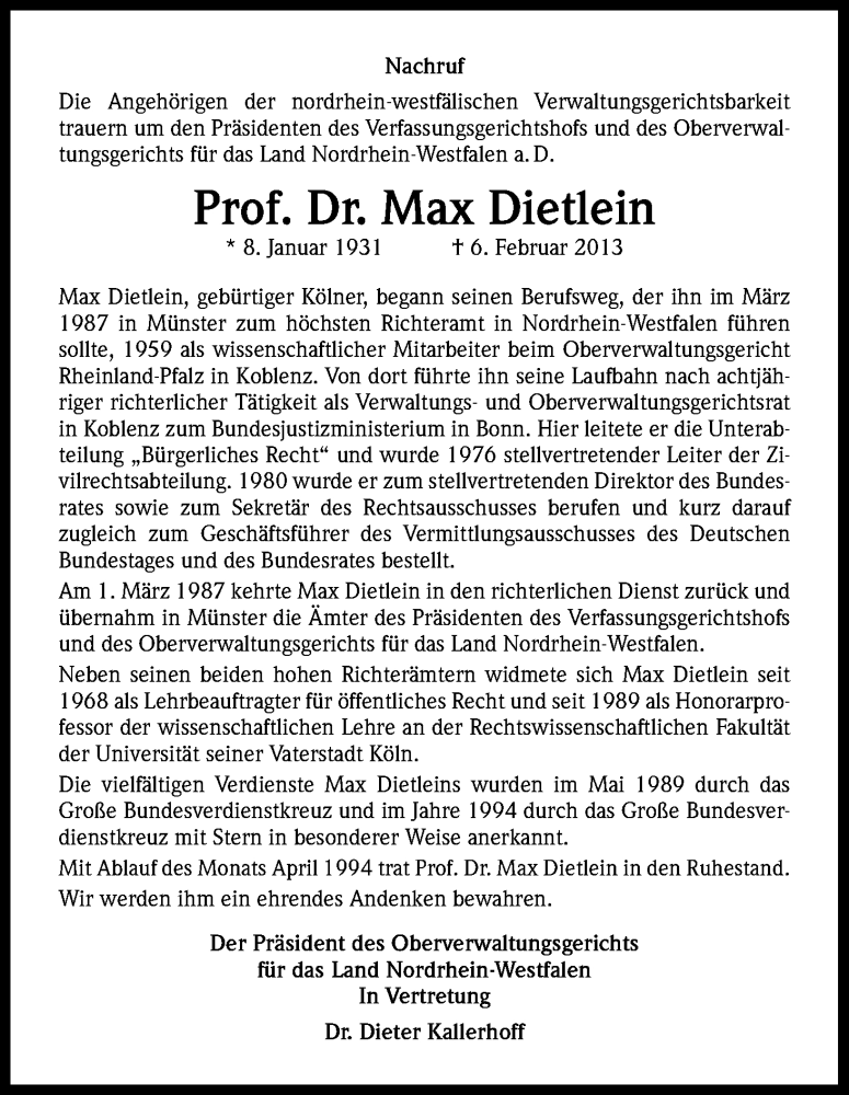  Traueranzeige für Max Dietlein vom 14.02.2013 aus Kölner Stadt-Anzeiger / Kölnische Rundschau / Express