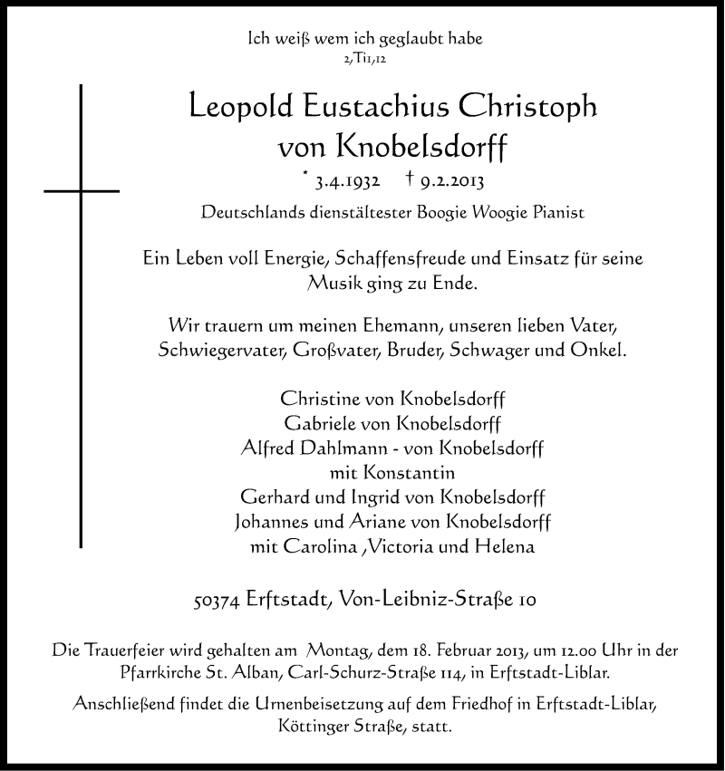  Traueranzeige für Leopold Eustachius Christoph von Knobelsdorff vom 14.02.2013 aus Kölner Stadt-Anzeiger / Kölnische Rundschau / Express