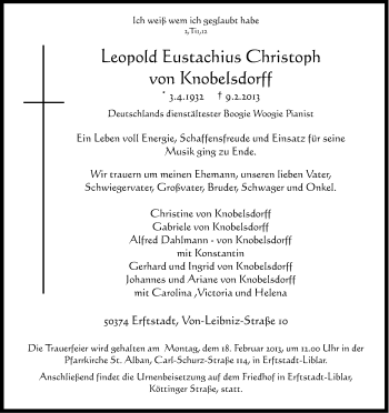 Anzeige von Leopold Eustachius Christoph von Knobelsdorff von Kölner Stadt-Anzeiger / Kölnische Rundschau / Express