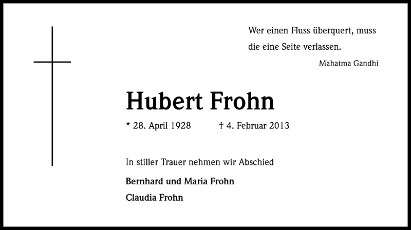  Traueranzeige für Hubert Frohn vom 14.02.2013 aus Kölner Stadt-Anzeiger / Kölnische Rundschau / Express