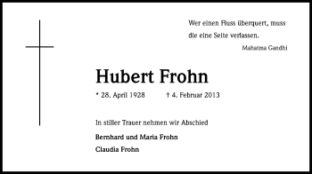Anzeige von Hubert Frohn von Kölner Stadt-Anzeiger / Kölnische Rundschau / Express
