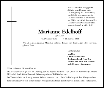 Anzeige von Marianne Edelhoff von Kölner Stadt-Anzeiger / Kölnische Rundschau / Express