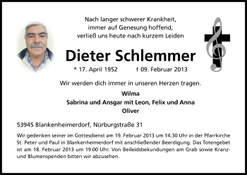Anzeige von Dieter Schlemmer von Kölner Stadt-Anzeiger / Kölnische Rundschau / Express