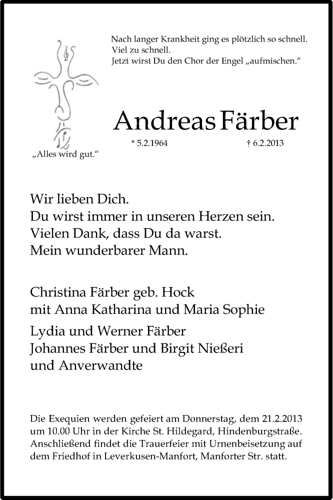  Traueranzeige für Andreas Färber vom 16.02.2013 aus Kölner Stadt-Anzeiger / Kölnische Rundschau / Express