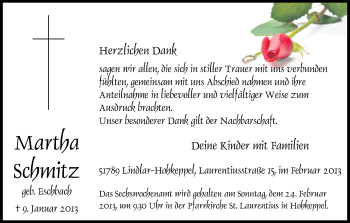 Anzeige von Martha Schmitz von Kölner Stadt-Anzeiger / Kölnische Rundschau / Express