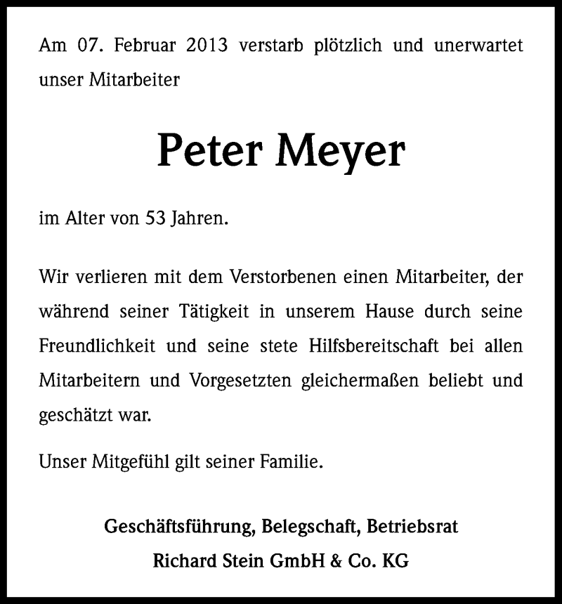  Traueranzeige für Peter Meyer vom 14.02.2013 aus Kölner Stadt-Anzeiger / Kölnische Rundschau / Express