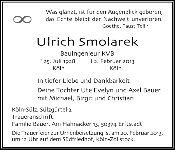 Anzeige von Ulrich Smolarek von Kölner Stadt-Anzeiger / Kölnische Rundschau / Express