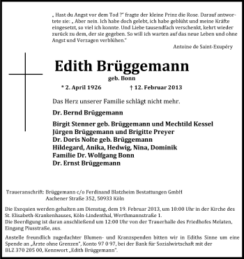 Anzeige von Edith Brüggemann von Kölner Stadt-Anzeiger / Kölnische Rundschau / Express