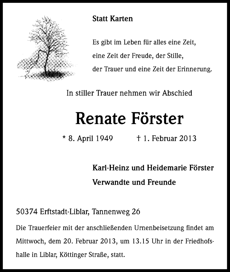  Traueranzeige für Renate Förster vom 15.02.2013 aus Kölner Stadt-Anzeiger / Kölnische Rundschau / Express