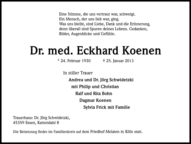  Traueranzeige für Eckhard Koenen vom 16.02.2013 aus Kölner Stadt-Anzeiger / Kölnische Rundschau / Express