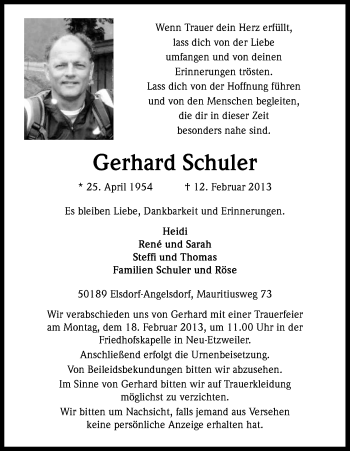 Anzeige von Gerhard Schuler von Kölner Stadt-Anzeiger / Kölnische Rundschau / Express