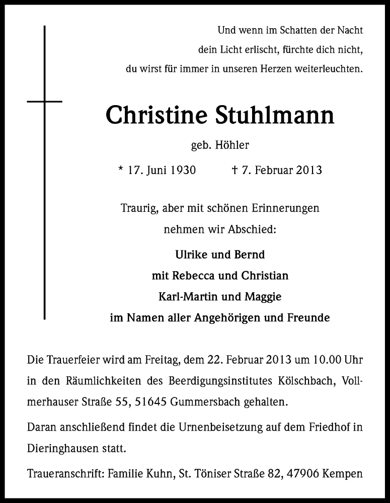  Traueranzeige für Christine Stuhlmann vom 16.02.2013 aus Kölner Stadt-Anzeiger / Kölnische Rundschau / Express
