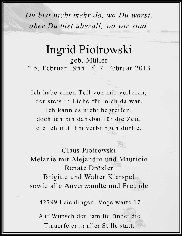  Traueranzeige für Ingrid Piotrowski vom 16.02.2013 aus Kölner Stadt-Anzeiger / Kölnische Rundschau / Express