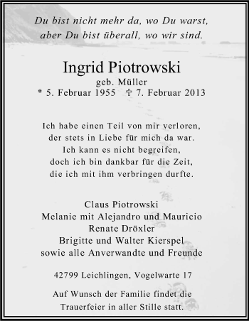 Anzeige von Ingrid Piotrowski von Kölner Stadt-Anzeiger / Kölnische Rundschau / Express