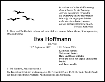 Anzeige von Eva Hoffmann von Kölner Stadt-Anzeiger / Kölnische Rundschau / Express