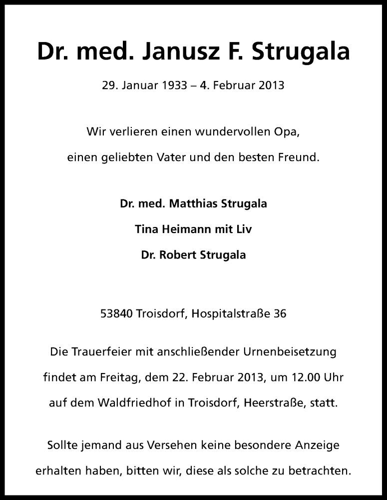  Traueranzeige für Janusz Strugala vom 16.02.2013 aus Kölner Stadt-Anzeiger / Kölnische Rundschau / Express