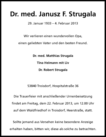 Anzeige von Janusz Strugala von Kölner Stadt-Anzeiger / Kölnische Rundschau / Express