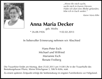 Anzeige von Anna Maria Decker von Kölner Stadt-Anzeiger / Kölnische Rundschau / Express