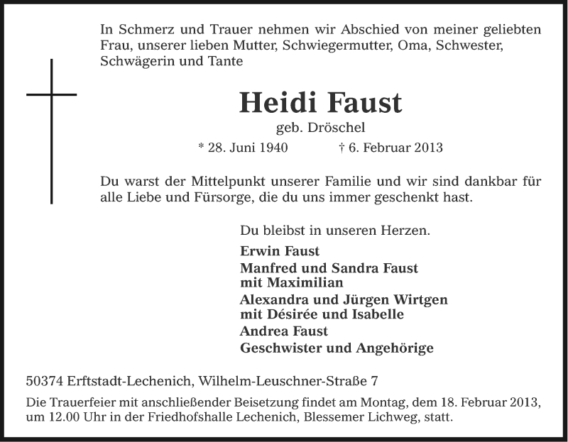  Traueranzeige für Heidi Faust vom 14.02.2013 aus Kölner Stadt-Anzeiger / Kölnische Rundschau / Express