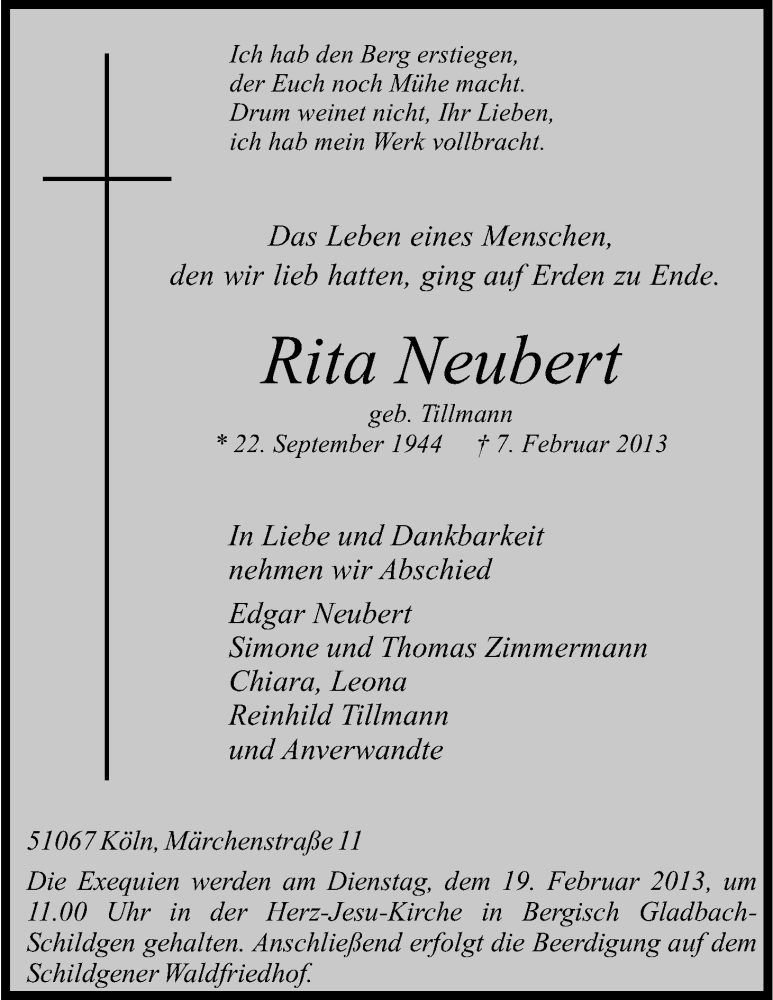  Traueranzeige für Rita Neubert vom 15.02.2013 aus Kölner Stadt-Anzeiger / Kölnische Rundschau / Express