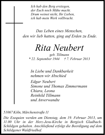 Anzeige von Rita Neubert von Kölner Stadt-Anzeiger / Kölnische Rundschau / Express