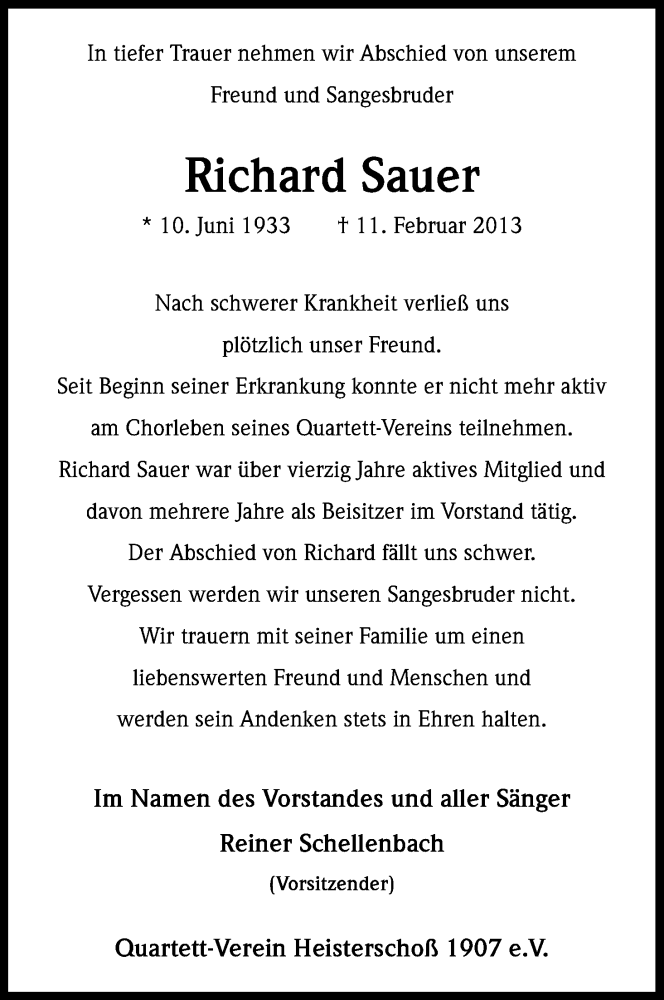  Traueranzeige für Richard Sauer vom 16.02.2013 aus Kölner Stadt-Anzeiger / Kölnische Rundschau / Express