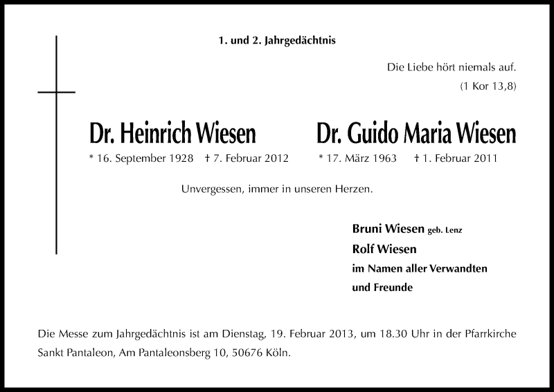  Traueranzeige für Heinrich Wiesen vom 16.02.2013 aus Kölner Stadt-Anzeiger / Kölnische Rundschau / Express