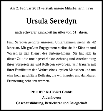 Anzeige von Ursula Seredyn von Kölner Stadt-Anzeiger / Kölnische Rundschau / Express