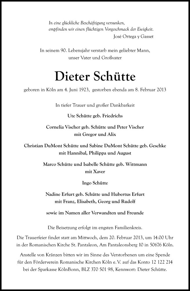  Traueranzeige für Dieter Schütte vom 16.02.2013 aus Kölner Stadt-Anzeiger / Kölnische Rundschau / Express
