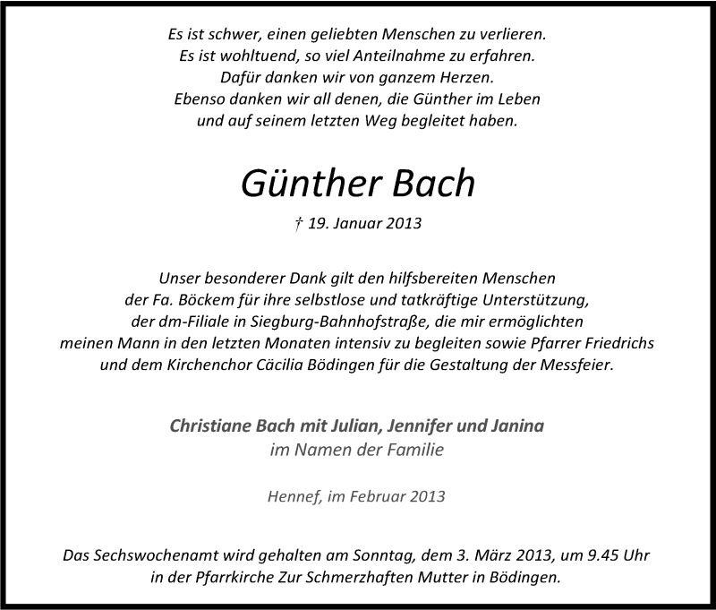  Traueranzeige für Günther Bach vom 16.02.2013 aus Kölner Stadt-Anzeiger / Kölnische Rundschau / Express