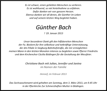 Anzeige von Günther Bach von Kölner Stadt-Anzeiger / Kölnische Rundschau / Express