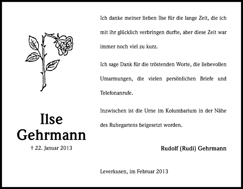  Traueranzeige für Ilse Gehrmann vom 15.02.2013 aus Kölner Stadt-Anzeiger / Kölnische Rundschau / Express