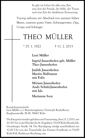Anzeige von Müller Theo von Kölner Stadt-Anzeiger / Kölnische Rundschau / Express