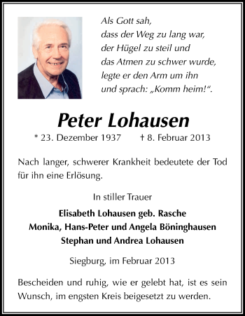 Anzeige von Peter Lohausen von Kölner Stadt-Anzeiger / Kölnische Rundschau / Express