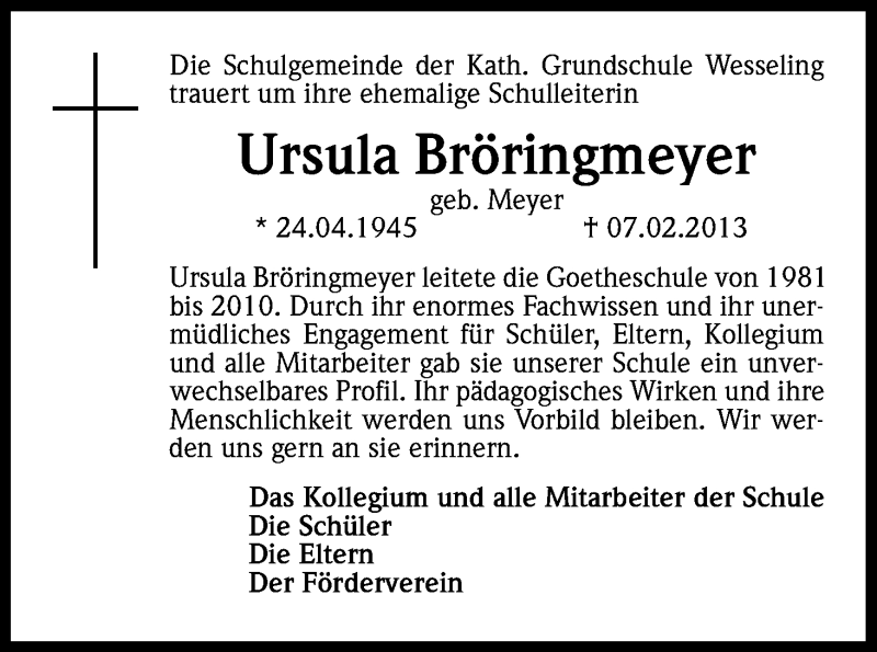  Traueranzeige für Ursula Bröringmeyer vom 16.02.2013 aus Kölner Stadt-Anzeiger / Kölnische Rundschau / Express